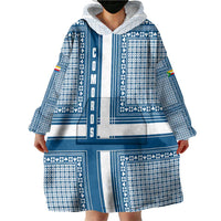 Comoros Wearable Blanket Hoodie with Blue and White Traditional Geometric Pattern and National Flag Detail