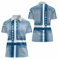 Comoros Women Polo Shirt with Blue and White Traditional Geometric Pattern and National Flag Detail