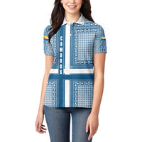 Comoros Women Polo Shirt with Blue and White Traditional Geometric Pattern and National Flag Detail