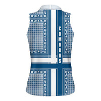 Comoros Women Sleeveless Polo Shirt with Blue and White Traditional Geometric Pattern and National Flag Detail