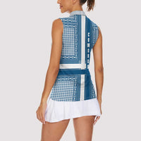 Comoros Women Sleeveless Polo Shirt with Blue and White Traditional Geometric Pattern and National Flag Detail
