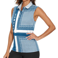 Comoros Women Sleeveless Polo Shirt with Blue and White Traditional Geometric Pattern and National Flag Detail
