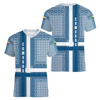 Comoros Women V-Neck T-Shirt with Blue and White Traditional Geometric Pattern and National Flag Detail
