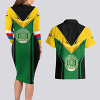 Comoros Couples Matching Long Sleeve Bodycon Dress and Hawaiian Shirt with National Colors Green Yellow Black Crescent Moon and Stars Emblem