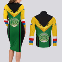 Comoros Couples Matching Long Sleeve Bodycon Dress and Long Sleeve Button Shirt with National Colors Green Yellow Black Crescent Moon and Stars Emblem
