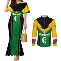 Comoros Couples Matching Mermaid Dress and Long Sleeve Button Shirt with National Colors Green Yellow Black Crescent Moon and Stars Emblem