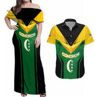 Comoros Couples Matching Off Shoulder Maxi Dress and Hawaiian Shirt with National Colors Green Yellow Black Crescent Moon and Stars Emblem