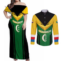 Comoros Couples Matching Off Shoulder Maxi Dress and Long Sleeve Button Shirt with National Colors Green Yellow Black Crescent Moon and Stars Emblem