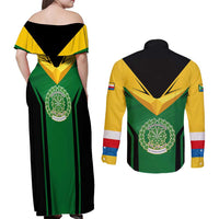 Comoros Couples Matching Off Shoulder Maxi Dress and Long Sleeve Button Shirt with National Colors Green Yellow Black Crescent Moon and Stars Emblem