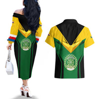 Comoros Couples Matching Off The Shoulder Long Sleeve Dress and Hawaiian Shirt with National Colors Green Yellow Black Crescent Moon and Stars Emblem