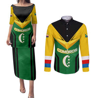 Comoros Couples Matching Puletasi and Long Sleeve Button Shirt with National Colors Green Yellow Black Crescent Moon and Stars Emblem