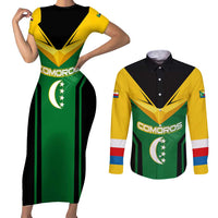 Comoros Couples Matching Short Sleeve Bodycon Dress and Long Sleeve Button Shirt with National Colors Green Yellow Black Crescent Moon and Stars Emblem