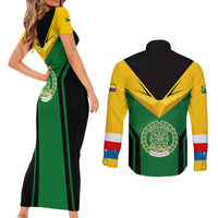Comoros Couples Matching Short Sleeve Bodycon Dress and Long Sleeve Button Shirt with National Colors Green Yellow Black Crescent Moon and Stars Emblem