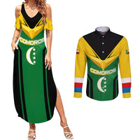 Comoros Couples Matching Summer Maxi Dress and Long Sleeve Button Shirt with National Colors Green Yellow Black Crescent Moon and Stars Emblem