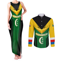 Comoros Couples Matching Tank Maxi Dress and Long Sleeve Button Shirt with National Colors Green Yellow Black Crescent Moon and Stars Emblem