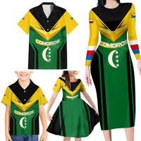 Comoros Family Matching Long Sleeve Bodycon Dress and Hawaiian Shirt with National Colors Green Yellow Black Crescent Moon and Stars Emblem