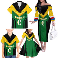 Comoros Family Matching Off The Shoulder Long Sleeve Dress and Hawaiian Shirt with National Colors Green Yellow Black Crescent Moon and Stars Emblem