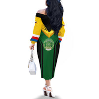 Comoros Family Matching Off The Shoulder Long Sleeve Dress and Hawaiian Shirt with National Colors Green Yellow Black Crescent Moon and Stars Emblem