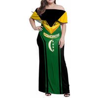 Comoros Family Matching Off Shoulder Maxi Dress and Hawaiian Shirt with National Colors Green Yellow Black Crescent Moon and Stars Emblem