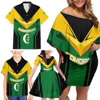 Comoros Family Matching Off Shoulder Short Dress and Hawaiian Shirt with National Colors Green Yellow Black Crescent Moon and Stars Emblem