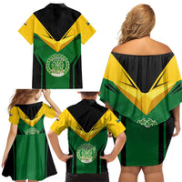 Comoros Family Matching Off Shoulder Short Dress and Hawaiian Shirt with National Colors Green Yellow Black Crescent Moon and Stars Emblem