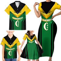 Comoros Family Matching Short Sleeve Bodycon Dress and Hawaiian Shirt with National Colors Green Yellow Black Crescent Moon and Stars Emblem