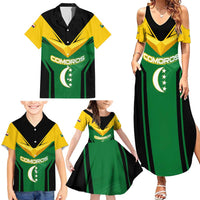 Comoros Family Matching Summer Maxi Dress and Hawaiian Shirt with National Colors Green Yellow Black Crescent Moon and Stars Emblem