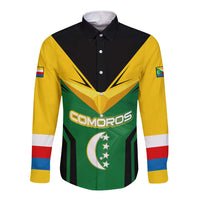 Comoros Long Sleeve Button Shirt with National Colors Green Yellow Black Crescent Moon and Stars Emblem
