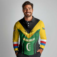 Comoros Long Sleeve Polo Shirt with National Colors Green Yellow Black Crescent Moon and Stars Emblem