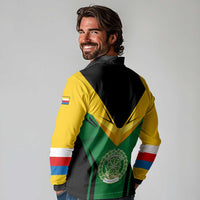 Comoros Long Sleeve Polo Shirt with National Colors Green Yellow Black Crescent Moon and Stars Emblem
