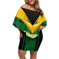 Comoros Off Shoulder Short Dress with National Colors Green Yellow Black Crescent Moon and Stars Emblem