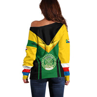 Comoros Off Shoulder Sweater with National Colors Green Yellow Black Crescent Moon and Stars Emblem