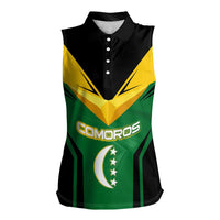 Comoros Women Sleeveless Polo Shirt with National Colors Green Yellow Black Crescent Moon and Stars Emblem