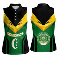 Comoros Women Sleeveless Polo Shirt with National Colors Green Yellow Black Crescent Moon and Stars Emblem