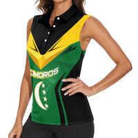 Comoros Women Sleeveless Polo Shirt with National Colors Green Yellow Black Crescent Moon and Stars Emblem