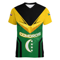 Comoros Women V-Neck T-Shirt with National Colors Green Yellow Black Crescent Moon and Stars Emblem