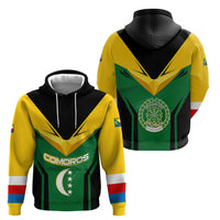 Comoros Zip Hoodie with National Colors Green Yellow Black Crescent Moon and Stars Emblem