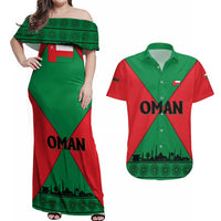 Oman Couples Matching Off Shoulder Maxi Dress and Hawaiian Shirt with National Flag Colors and Crossed Khanjar Emblem Design