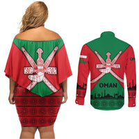 Oman Couples Matching Off Shoulder Short Dress and Long Sleeve Button Shirt with National Flag Colors and Crossed Khanjar Emblem Design