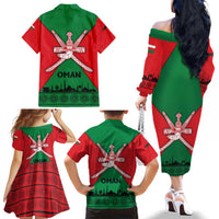 Oman Family Matching Off The Shoulder Long Sleeve Dress and Hawaiian Shirt with National Flag Colors and Crossed Khanjar Emblem Design