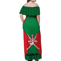 Oman Family Matching Off Shoulder Maxi Dress and Hawaiian Shirt with National Flag Colors and Crossed Khanjar Emblem Design