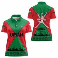 Oman Women Polo Shirt with National Flag Colors and Crossed Khanjar Emblem Design