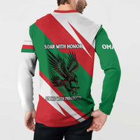 Oman Button Sweatshirt with National Flag Colors and Falcon Soaring Graphic Design