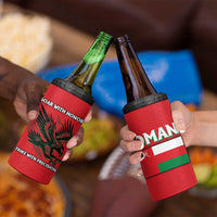 Oman 4 in 1 Can Cooler Tumbler with National Flag Colors and Falcon Soaring Graphic Design