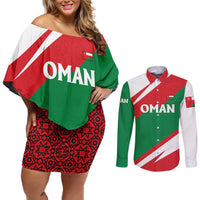 Oman Couples Matching Off Shoulder Short Dress and Long Sleeve Button Shirt with National Flag Colors and Falcon Soaring Graphic Design