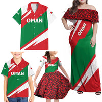 Oman Family Matching Off Shoulder Maxi Dress and Hawaiian Shirt with National Flag Colors and Falcon Soaring Graphic Design