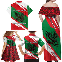 Oman Family Matching Off Shoulder Maxi Dress and Hawaiian Shirt with National Flag Colors and Falcon Soaring Graphic Design