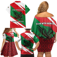 Oman Family Matching Off Shoulder Short Dress and Hawaiian Shirt with National Flag Colors and Falcon Soaring Graphic Design