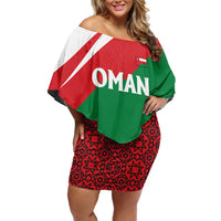 Oman Family Matching Off Shoulder Short Dress and Hawaiian Shirt with National Flag Colors and Falcon Soaring Graphic Design
