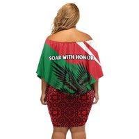 Oman Family Matching Off Shoulder Short Dress and Hawaiian Shirt with National Flag Colors and Falcon Soaring Graphic Design